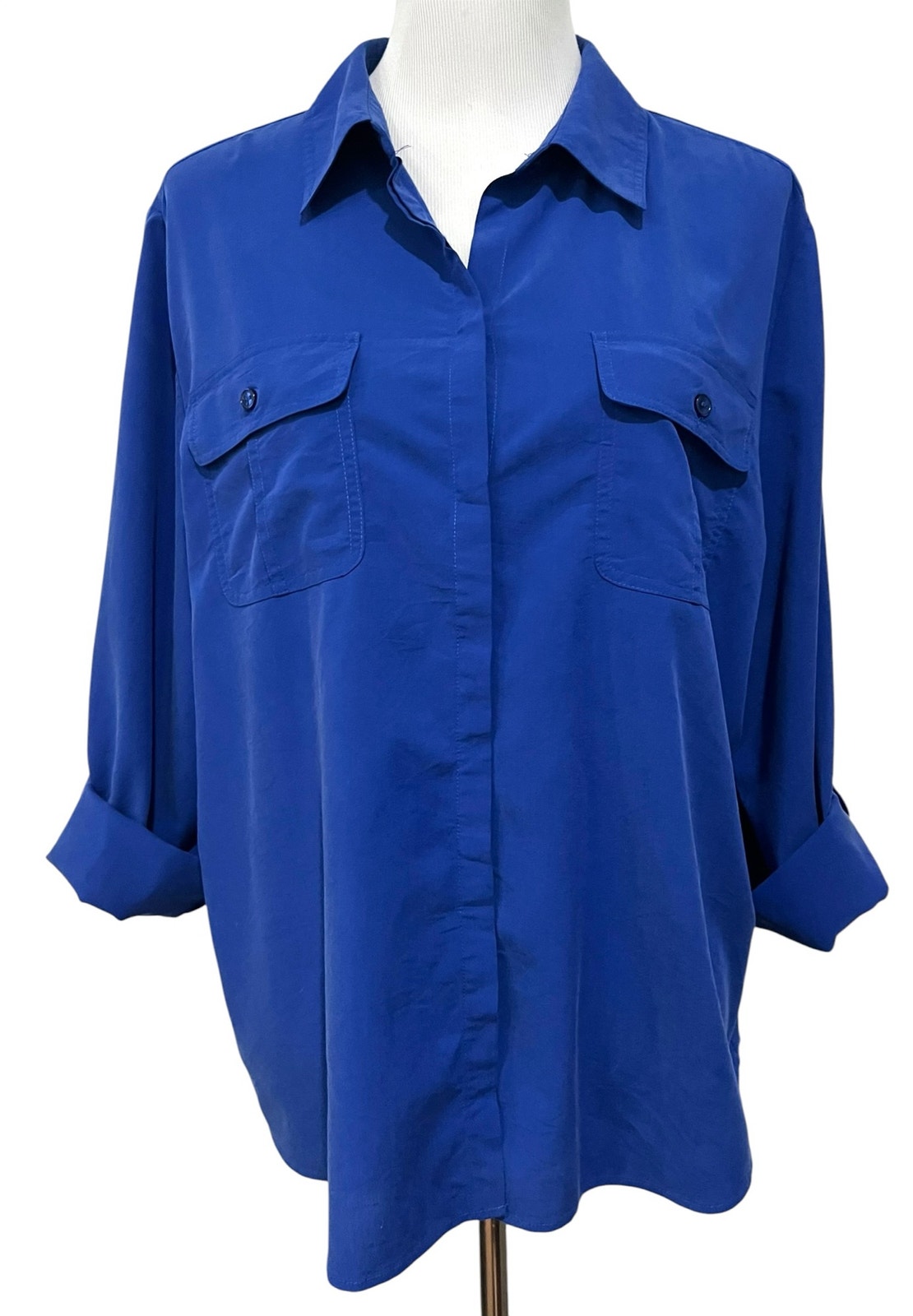 Chico's Women's Blue Top Solid Collared Button Front Roll Tab Blouse Xl (3)